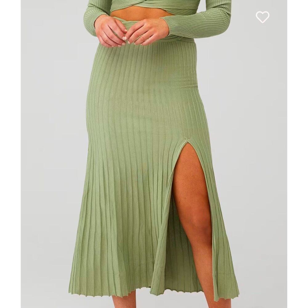 Sovere Midi Skirt Inertia Knit fabric -front slit -Green Tea, size NWT $149